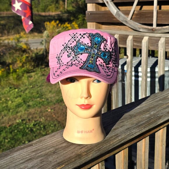 Ladies Pink BLING Cross Hat - Picture 2 of 4